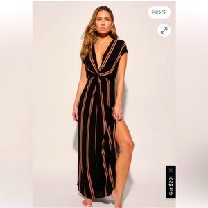 Lulu's Black Maxi Dress with Tan Stripes and Front Twist